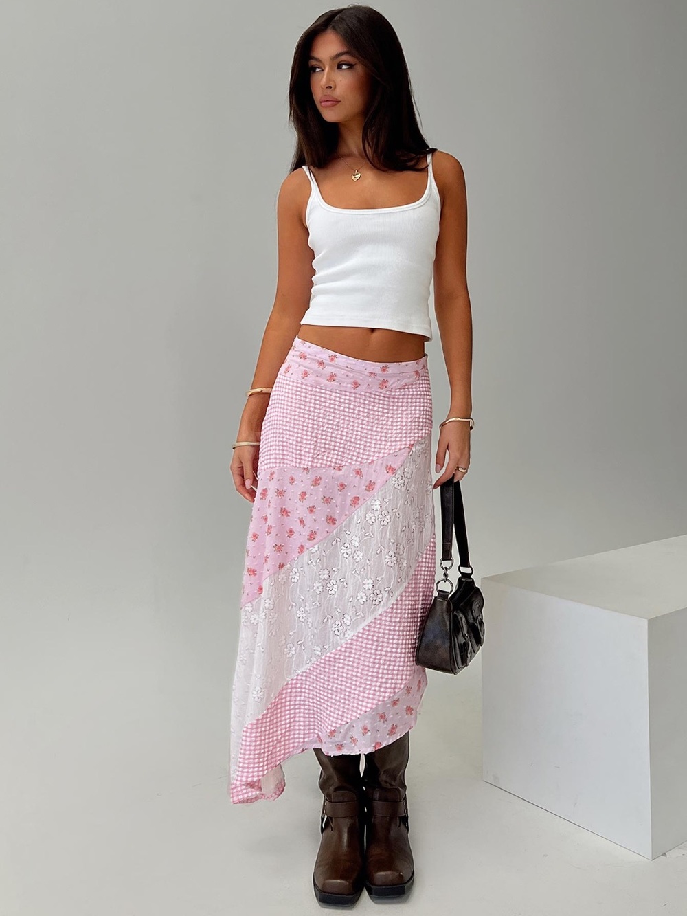 Princess Polly Rennar Pink Patchwork Asymmetrical Maxi Skirt Sz 12 Feminine